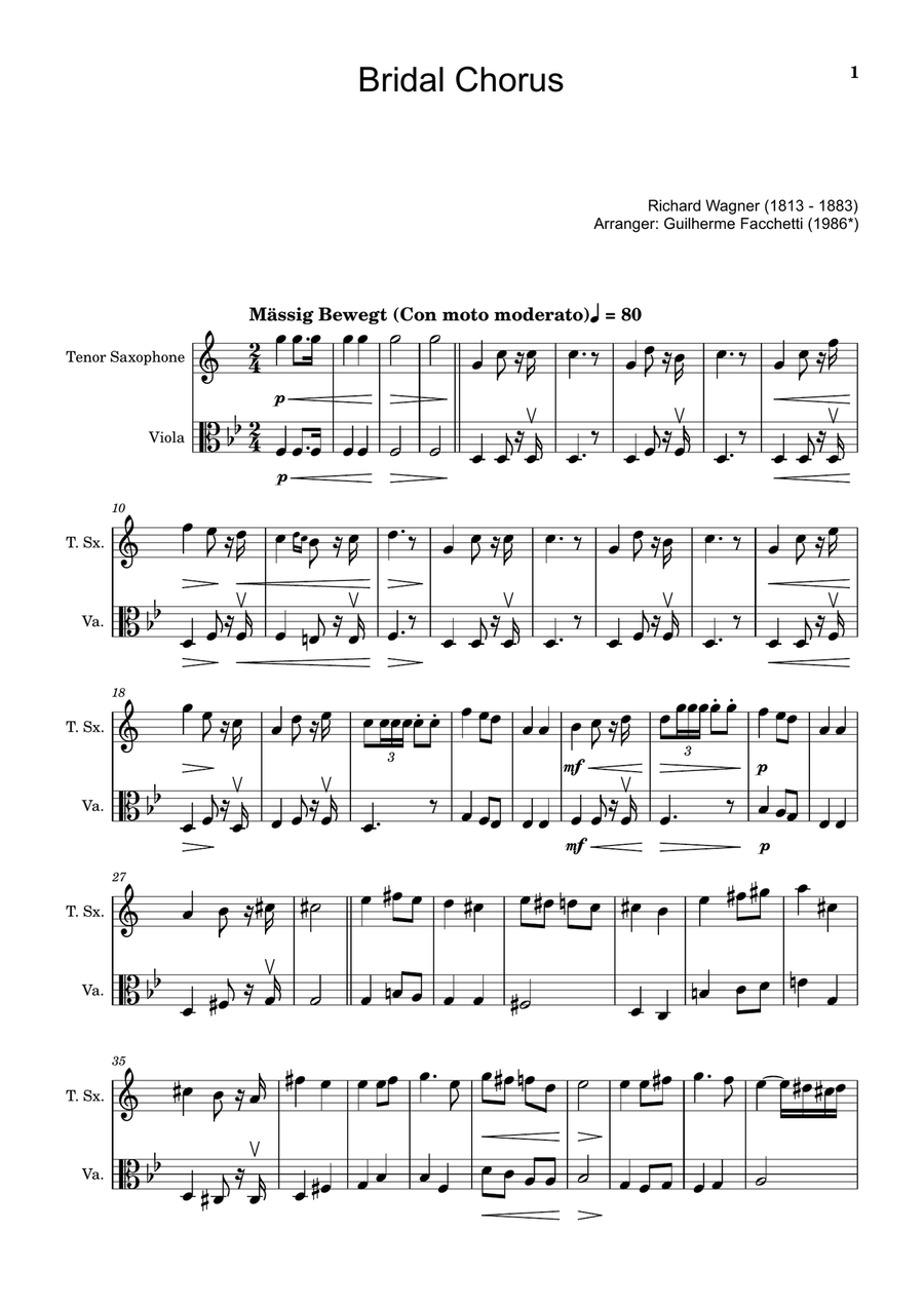 Bridal Chorus. R. Wagner - Arranged for T. Sax. and Viola Chamber Music scores gallery preview page 1