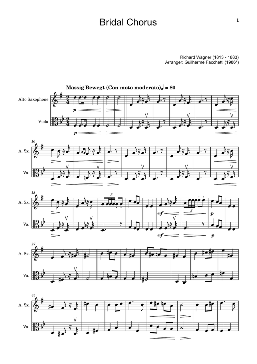 Bridal Chorus. R. Wagner - Arranged for A. Sax. and Viola Chamber Music scores gallery preview page 1