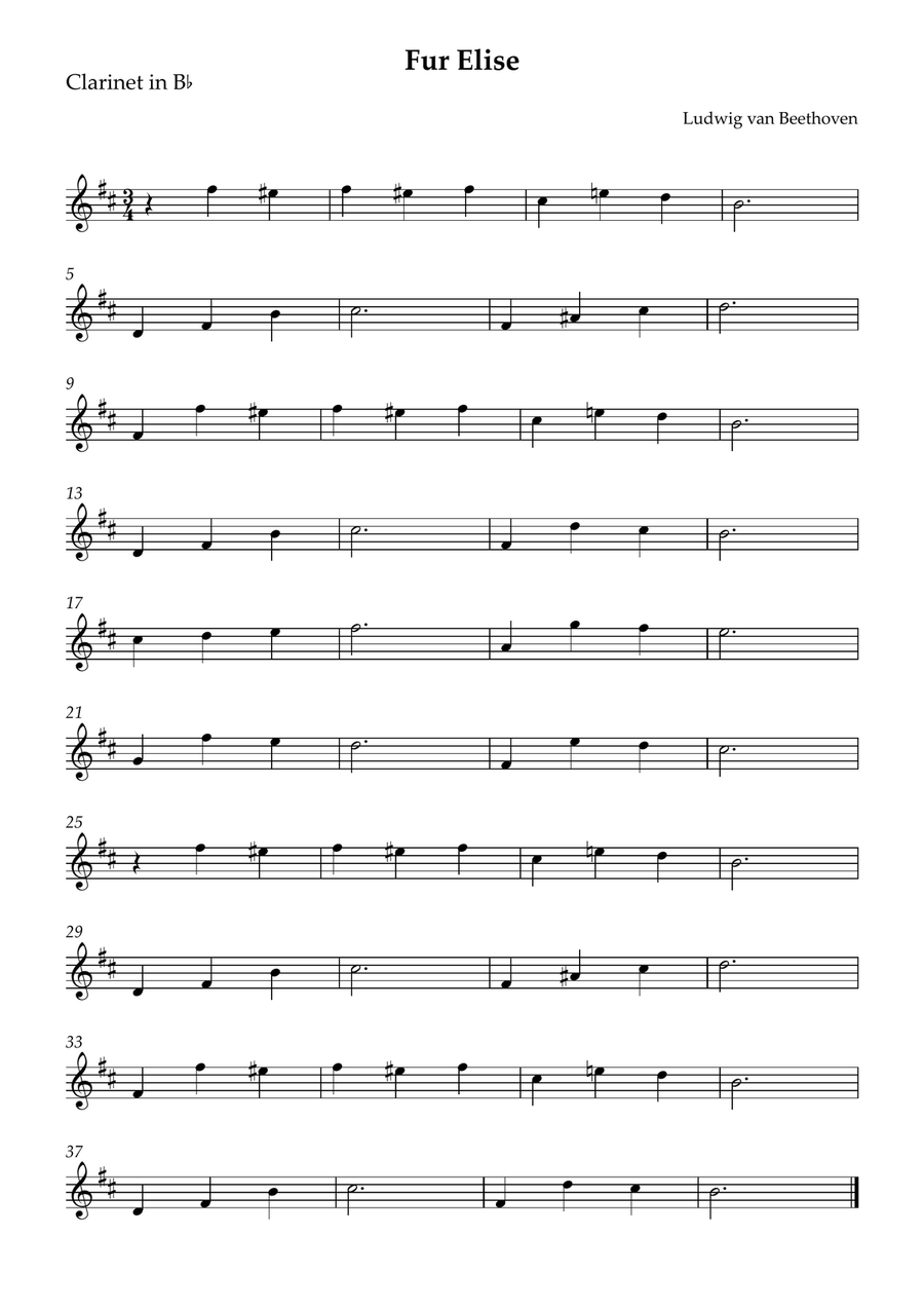 Fur Elise B-Flat Clarinet scores gallery preview page 1