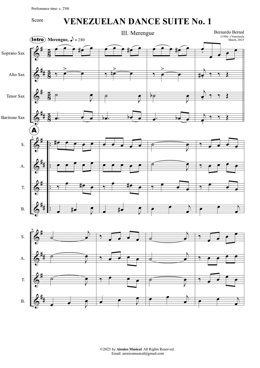 Venezuelan Dance Suite No. 1 - III. Merengue - Saxophone Quartet (Score and parts) Saxophone Quartet scores gallery preview page 3