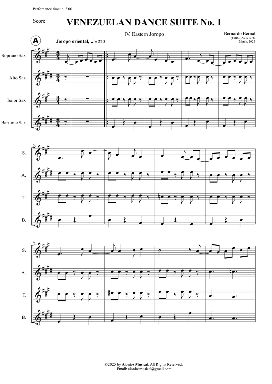 Venezuelan Dance Suite No. 1 - IV. Eastern Joropo - Saxophone Quartet (Score and parts) Saxophone Quartet scores gallery preview page 3