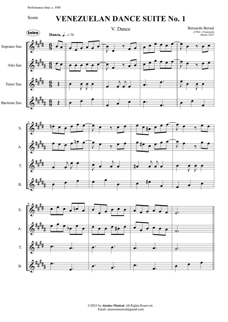 Venezuelan Dance Suite No. 1 - V. Dance - Saxophone Quartet (Score and parts) Saxophone Quartet scores gallery preview page 3