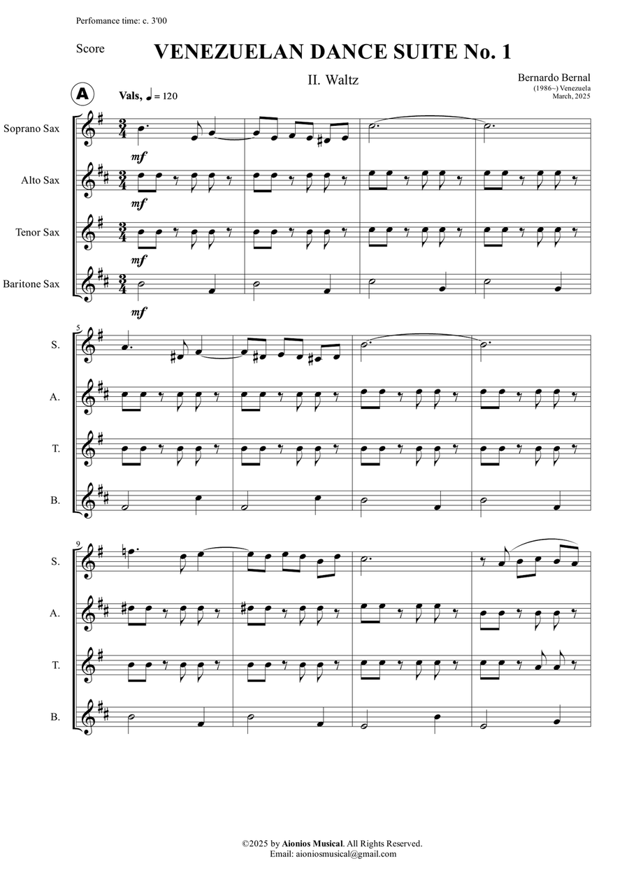Venezuelan Dance Suite No. 1 - II. Waltz - Saxophone Quartet (Score and parts) Saxophone Quartet scores gallery preview page 3