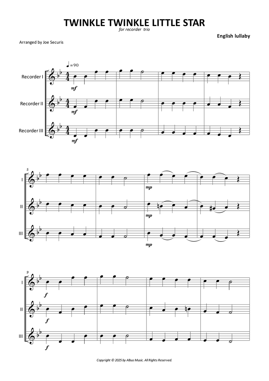 Twinkle Twinkle Little Star Soprano Recorder scores gallery preview page 1