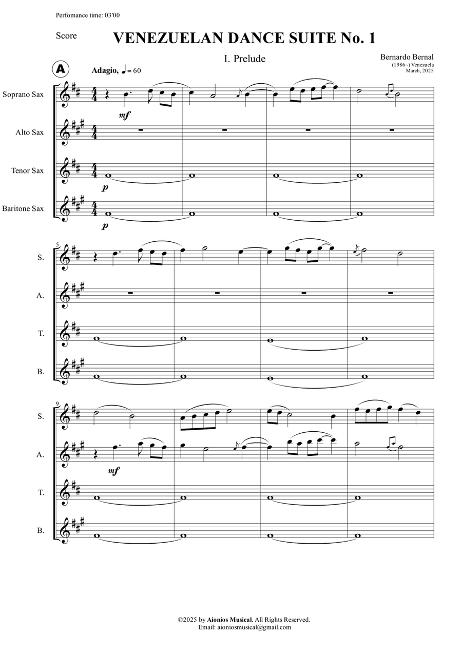 Venezuelan Dance Suite No. 1 - I. Prelude - Saxophone Quartet (Score and parts) Saxophone Quartet scores gallery preview page 3