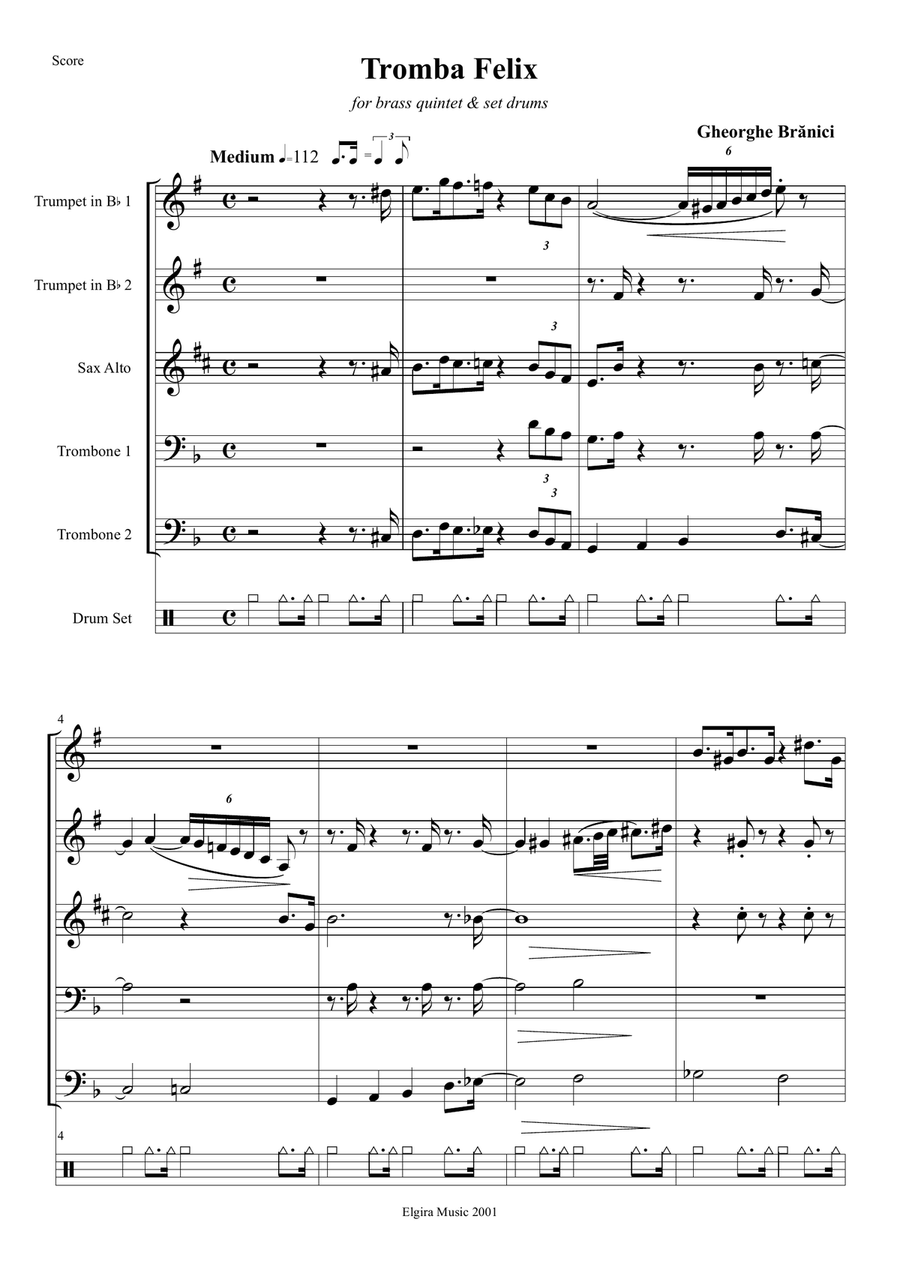 TROMBA FELIX (2 trumpets, alto sax, 2 trombones, set drums) Small Ensemble scores gallery preview page 1