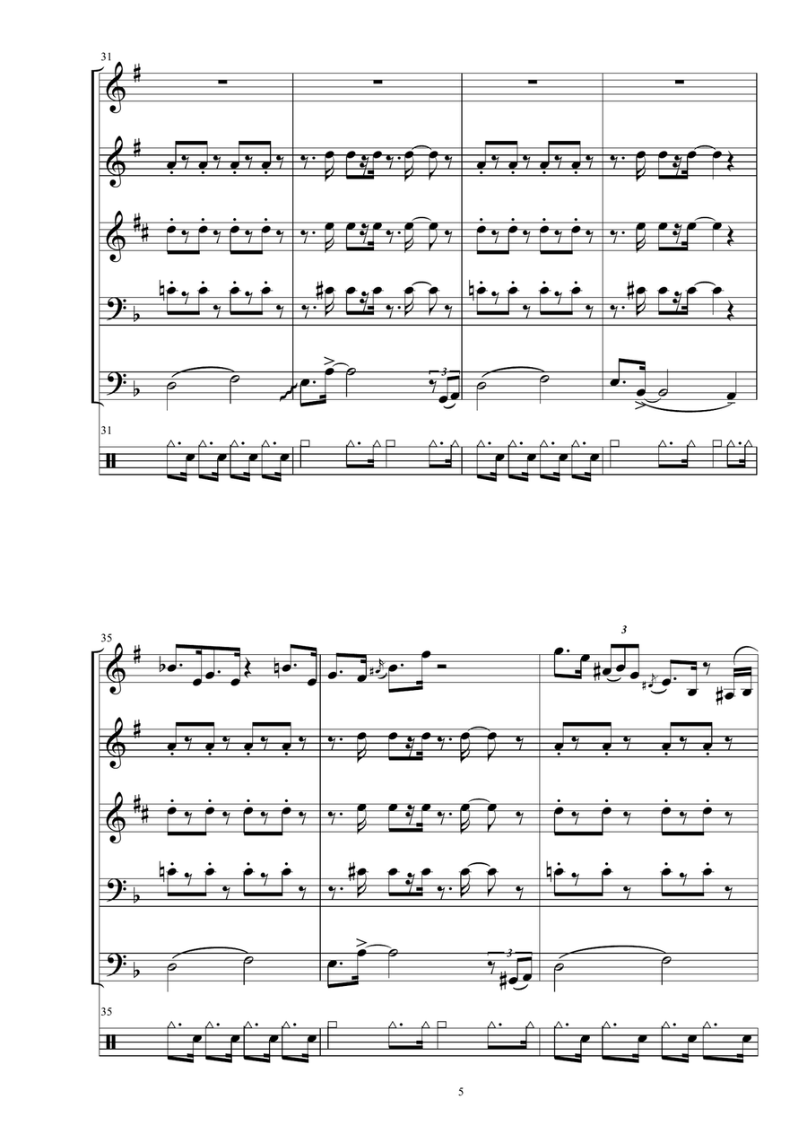 TROMBA FELIX (2 trumpets, alto sax, 2 trombones, set drums) Small Ensemble scores gallery preview page 5