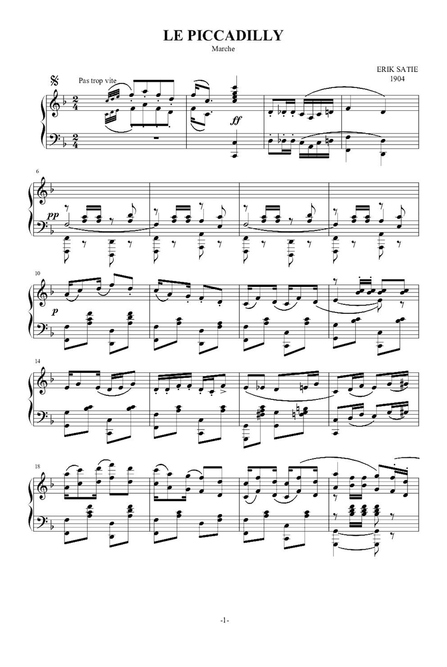 LE PICCADILLY - Erik Satie Piano Solo scores gallery preview page 1