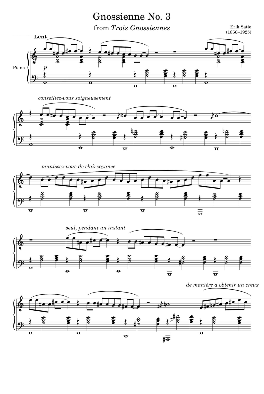 Gnossienne No. 3 - Erik Satie Piano Solo scores gallery preview page 1