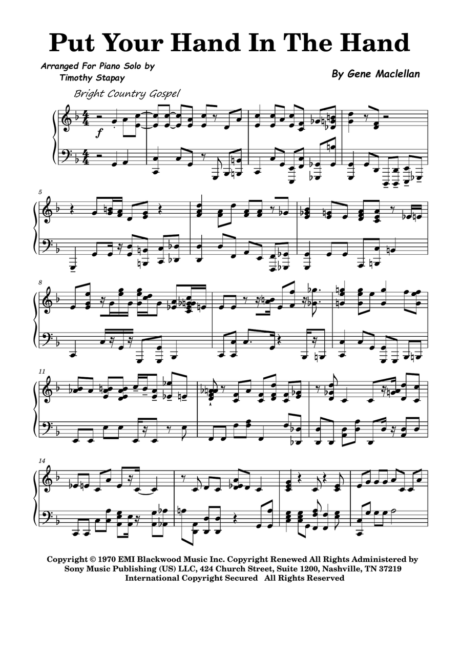 Put Your Hand In The Hand Piano Solo scores gallery preview page 1
