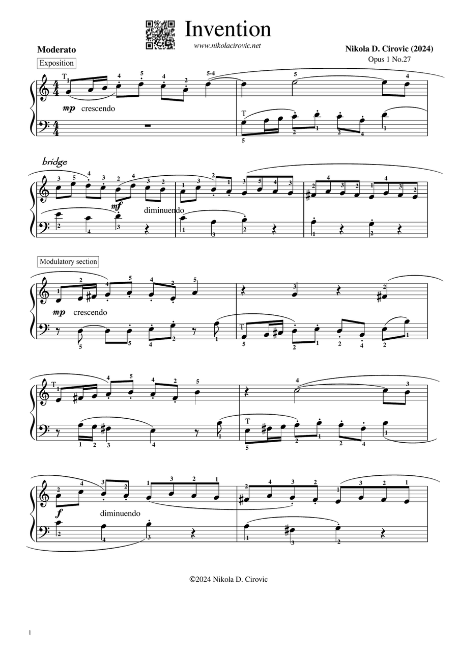 Invention in G Major Op.1 No.27 by N. D. Cirovic Piano Method scores gallery preview page 1