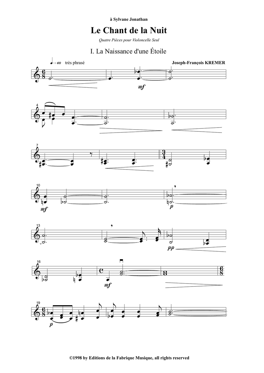 Joseph-François Kremer : Le Chant de la Nuit for solo cello Cello Solo scores gallery preview page 2