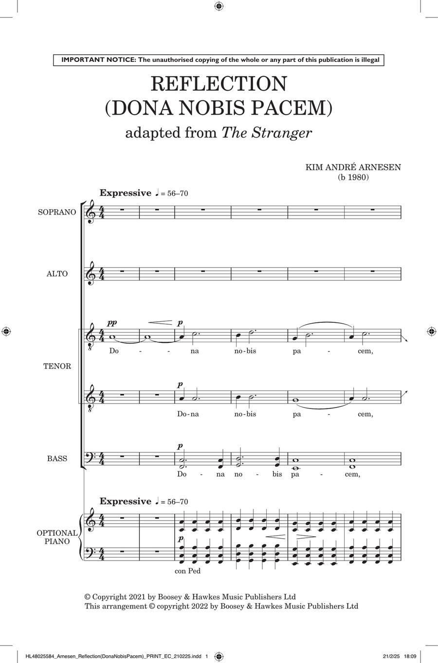 Reflection (Dona Nobis Pacem) (Adapted from The Stranger) Divisi scores gallery preview page 1