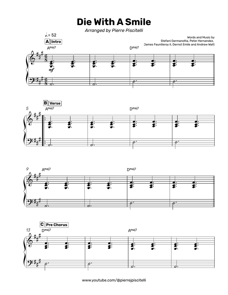 Die With A Smile Die With A Smile Piano Solo scores gallery preview page 1