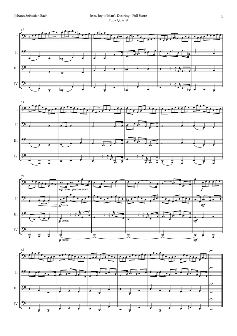 Jesu, Joy of Man's Desiring by Bach for Tuba Quartet Brass Quartet scores gallery preview page 3