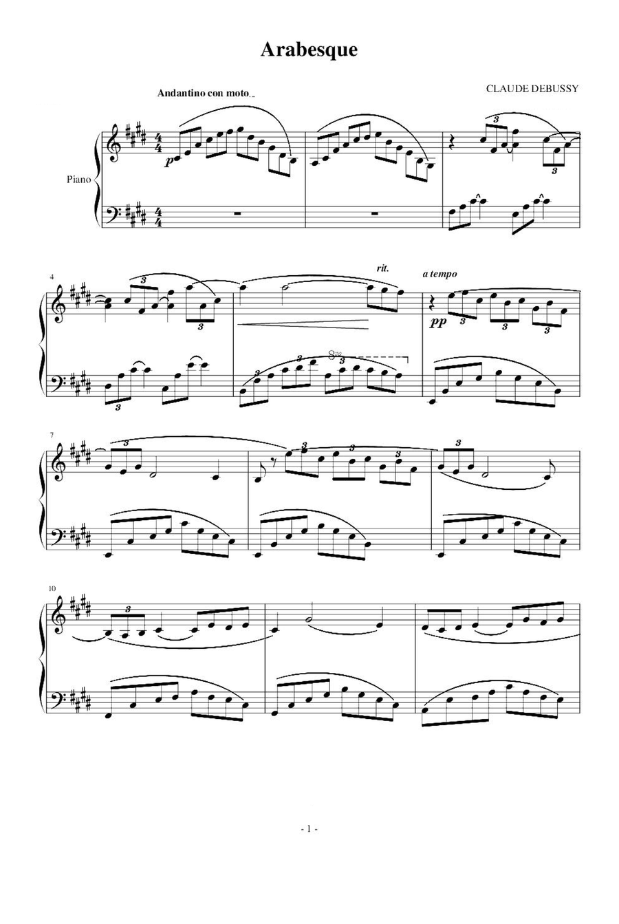 Arabesque - Claude Debussy Piano Solo scores gallery preview page 1