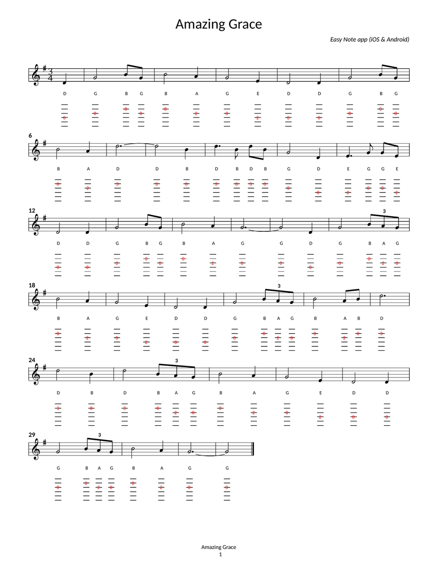 Amazing Grace - - sheet guitar with note names & tab Guitar Tablature scores gallery preview page 1