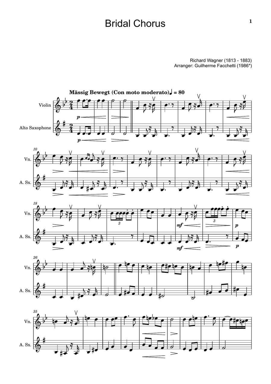 Bridal Chorus. R. Wagner - Arranged for Violin and A. Sax. Chamber Music scores gallery preview page 1
