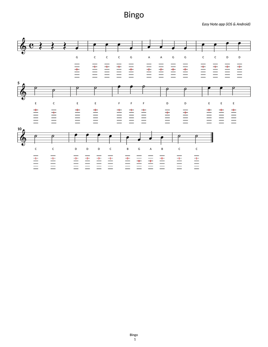 BINGO - sheet guitar with note names & tab Guitar Tablature scores gallery preview page 1