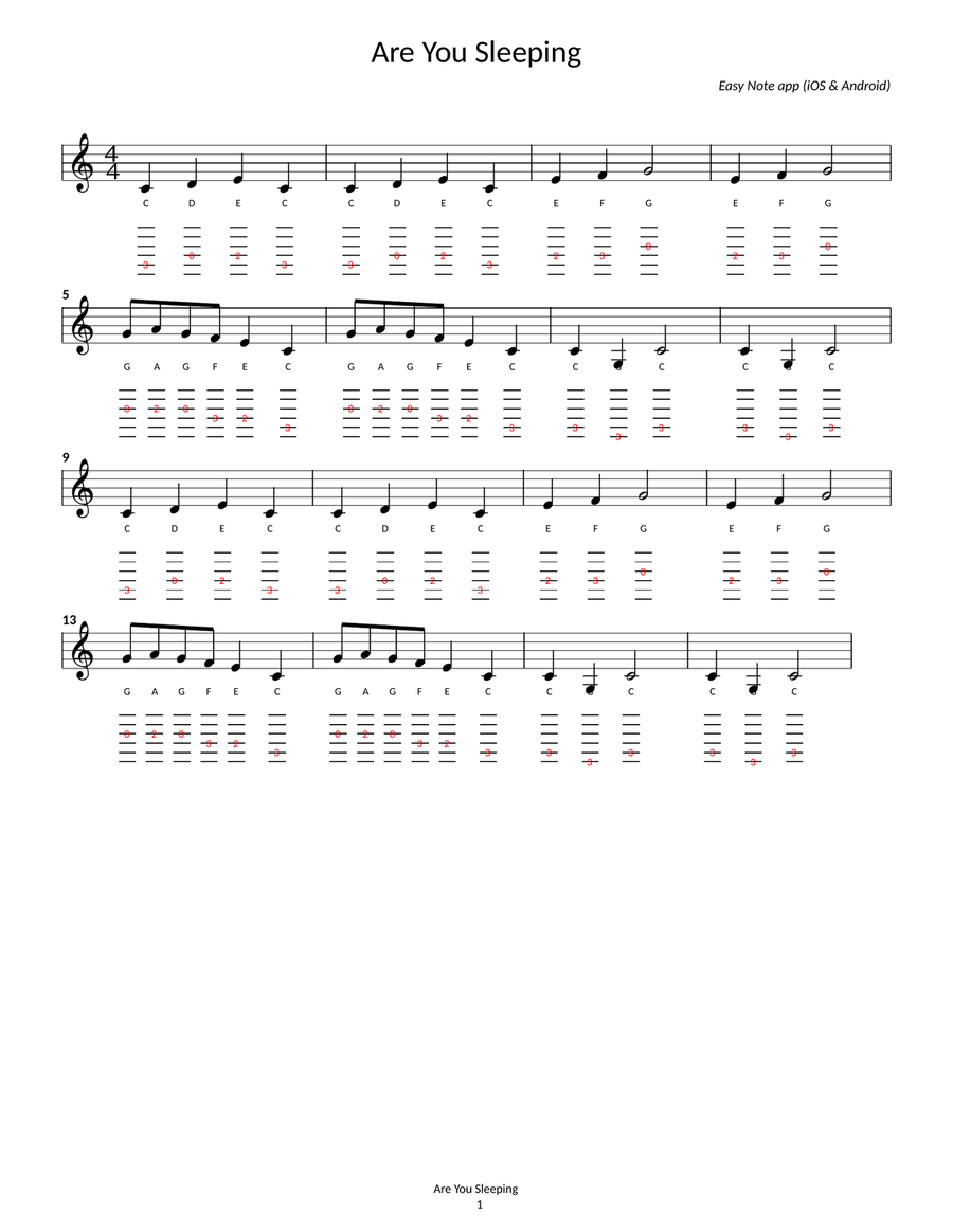 Are You Sleeping - sheet guitar with note names & tab Guitar Tablature scores gallery preview page 1