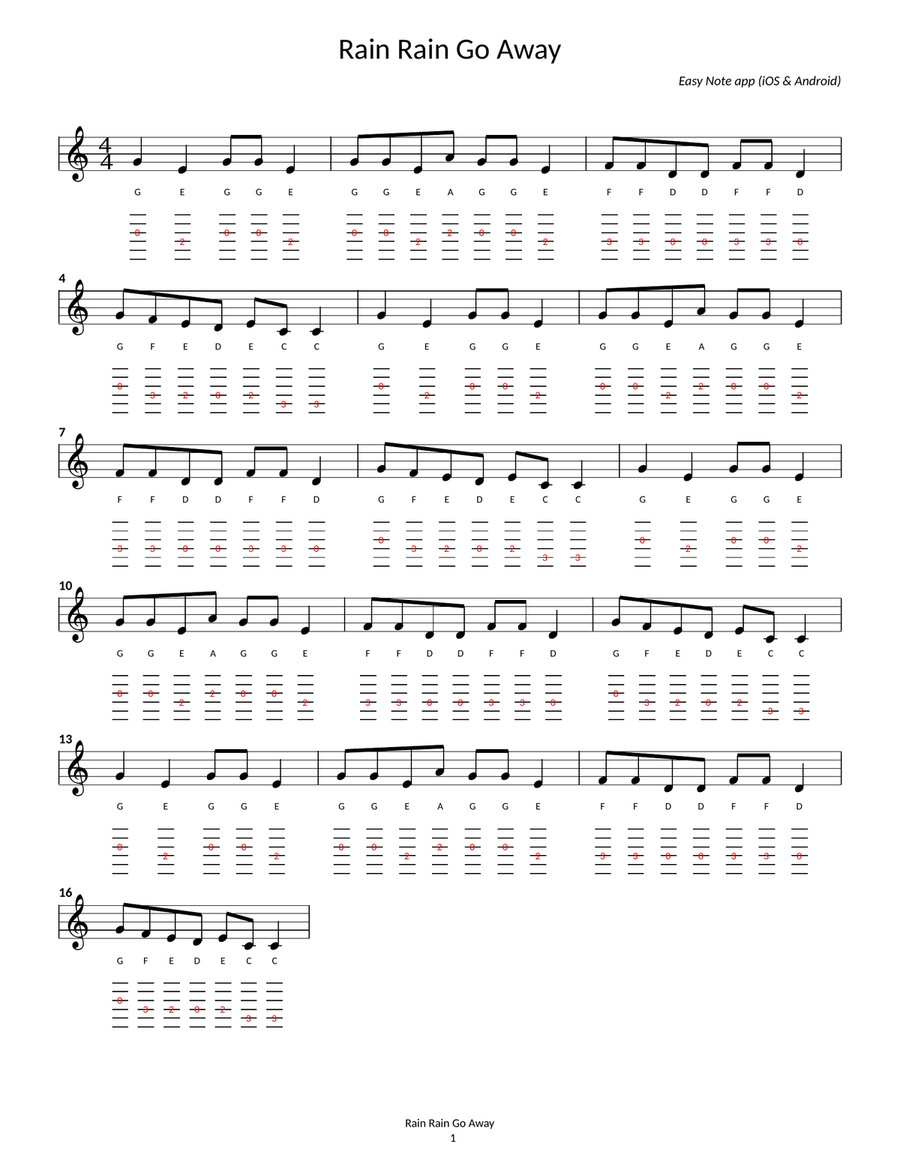 Rain Rain Go Away - sheet guitar with note names & tab Guitar Tablature scores gallery preview page 1