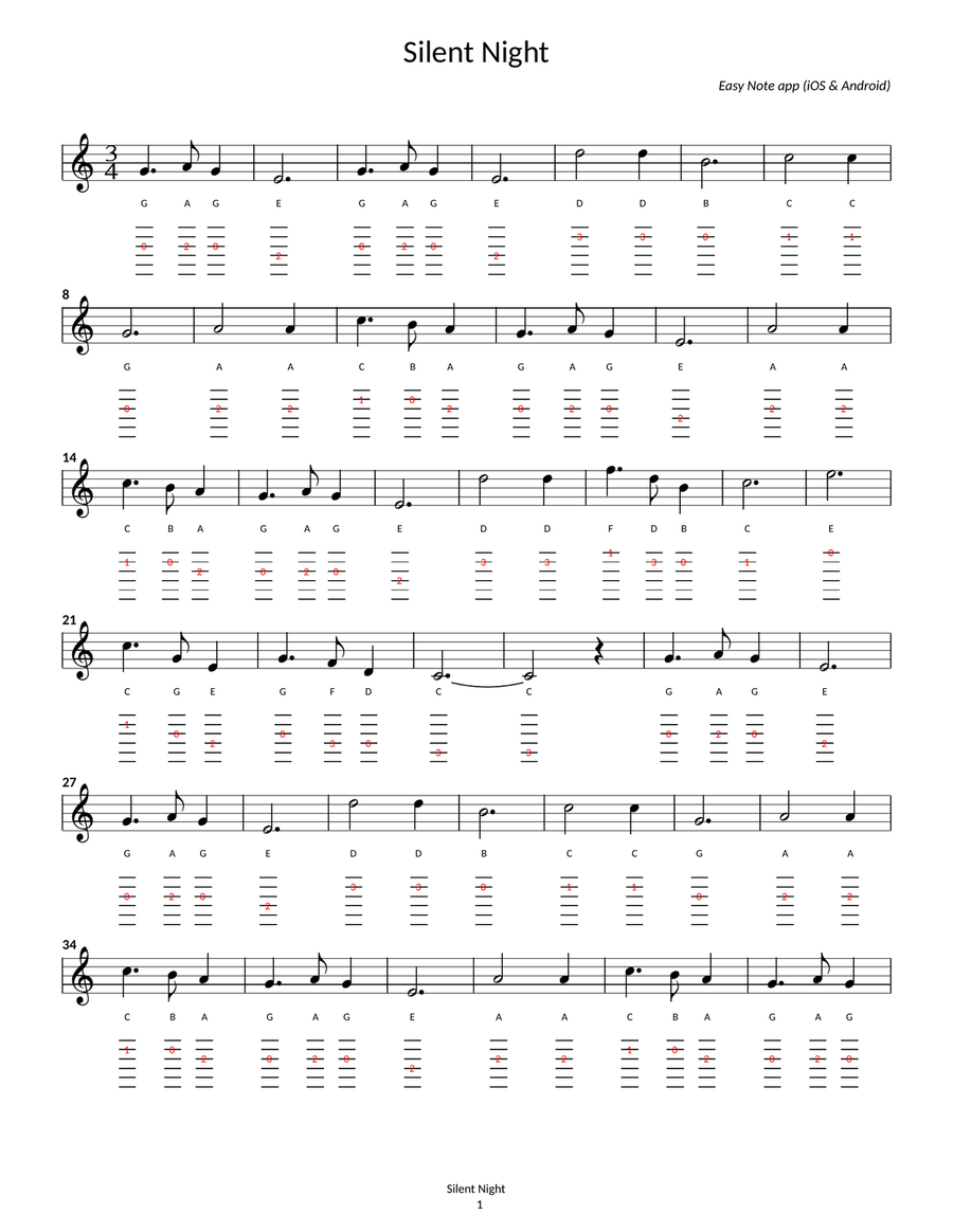 Silent Night - sheet guitar with note names & tab Guitar Tablature scores gallery preview page 1