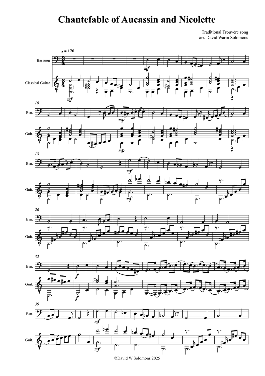 Chantefable of Aucassin and Nicolette arranged, with variations, for bassoon and guitar Bassoon scores gallery preview page 1