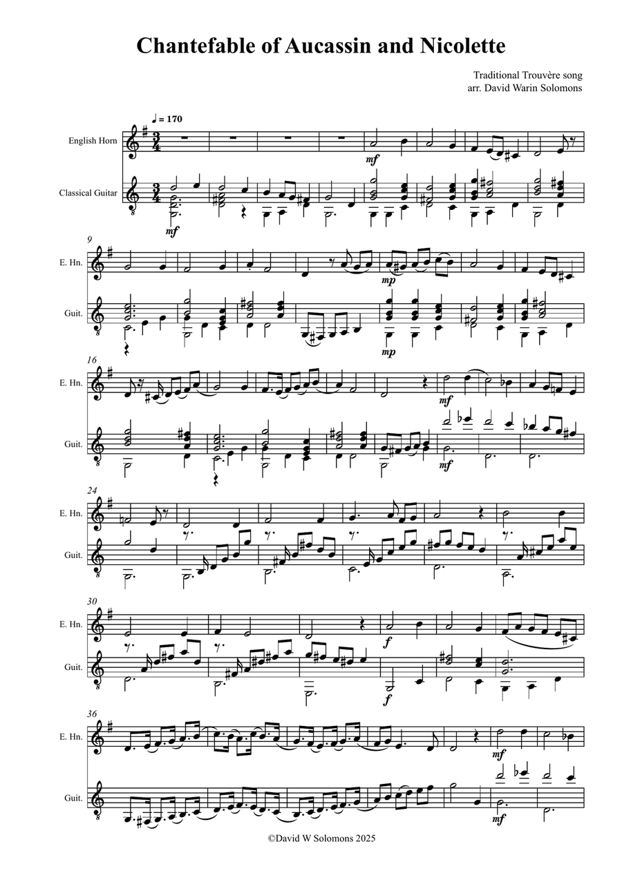 Chantefable of Aucassin and Nicolette arranged, with variations, for cor anglais and guitar English Horn scores gallery preview page 1