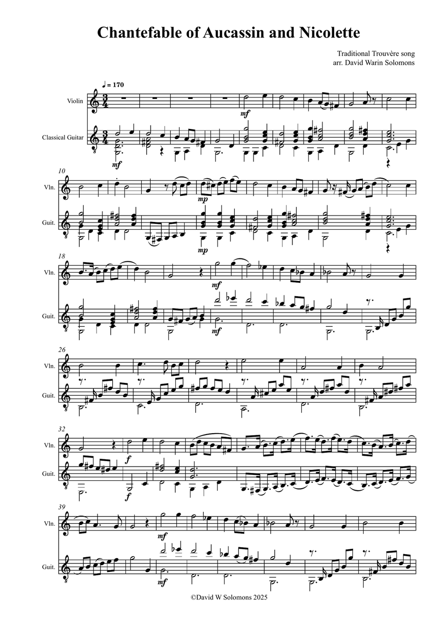 Chantefable of Aucassin and Nicolette arranged, with variations, for violin and guitar String Duet scores gallery preview page 1