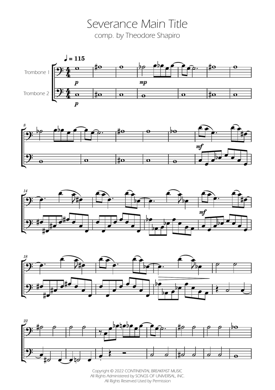 Severance - Main Title Theme Trombone Duet scores gallery preview page 1