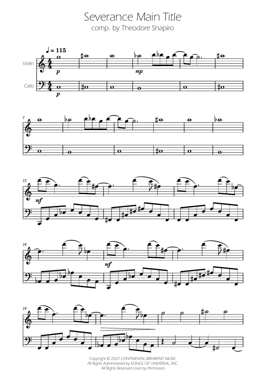 Severance - Main Title Theme String Duet scores gallery preview page 1