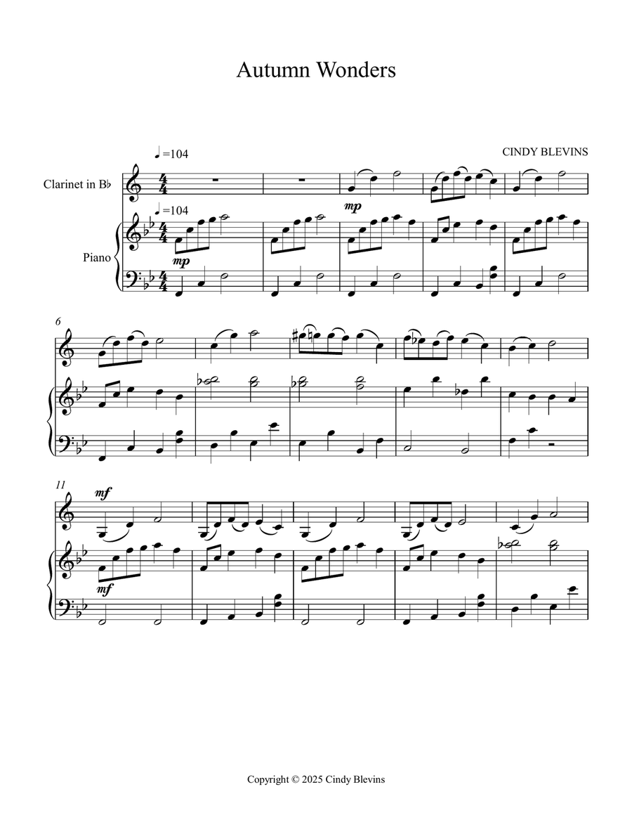 Autumn Wonders, an original piece for clarinet and piano B-Flat Clarinet scores gallery preview page 2