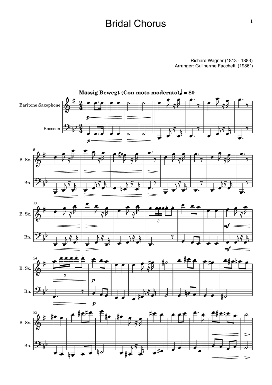 Bridal Chorus. R. Wagner - Arranged for B. Sax and Bassoon. Woodwind Duet scores gallery preview page 1