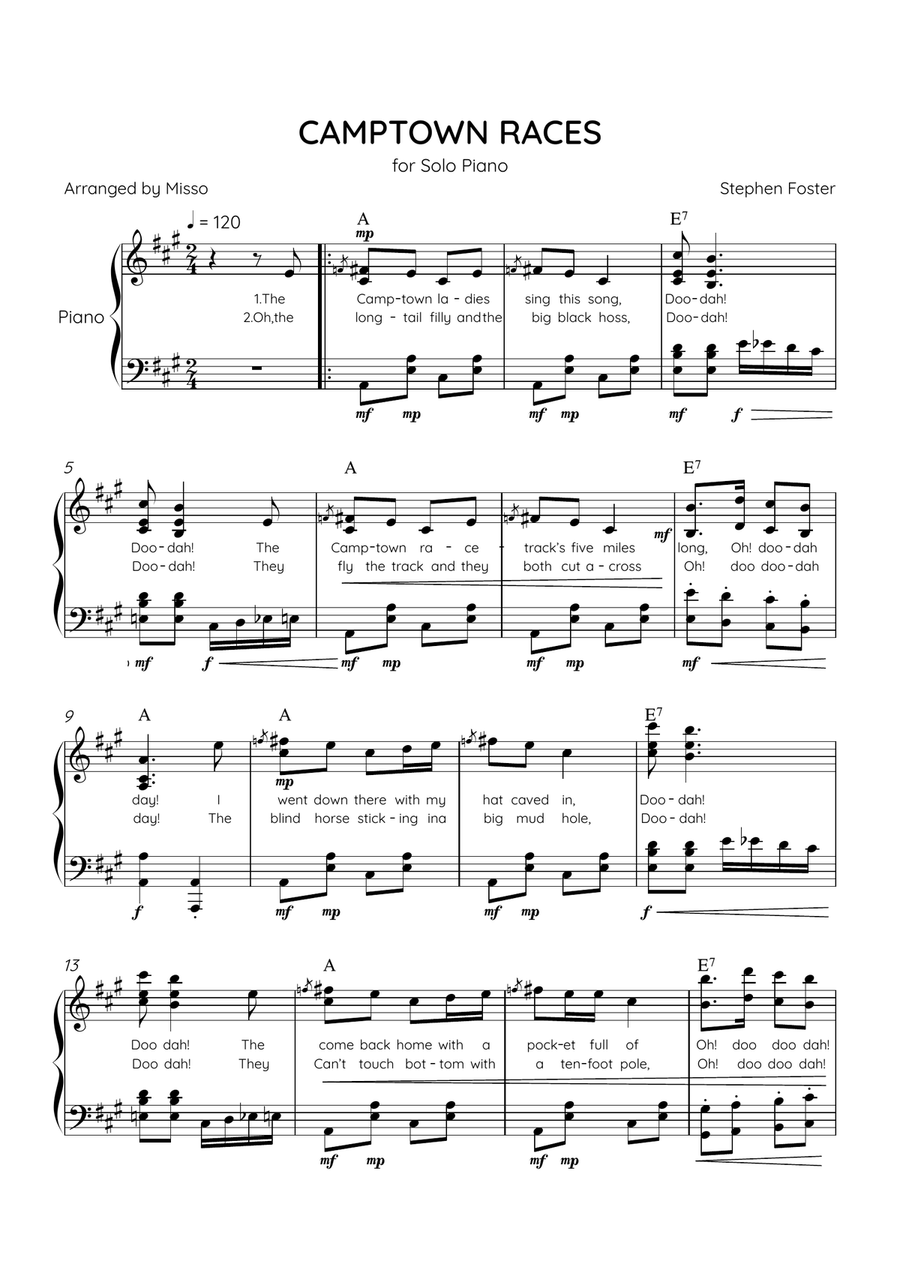 Camptown Races - Piano Solo in A Major - Advanced Level - Lyrics & Chords Piano Solo scores gallery preview page 1