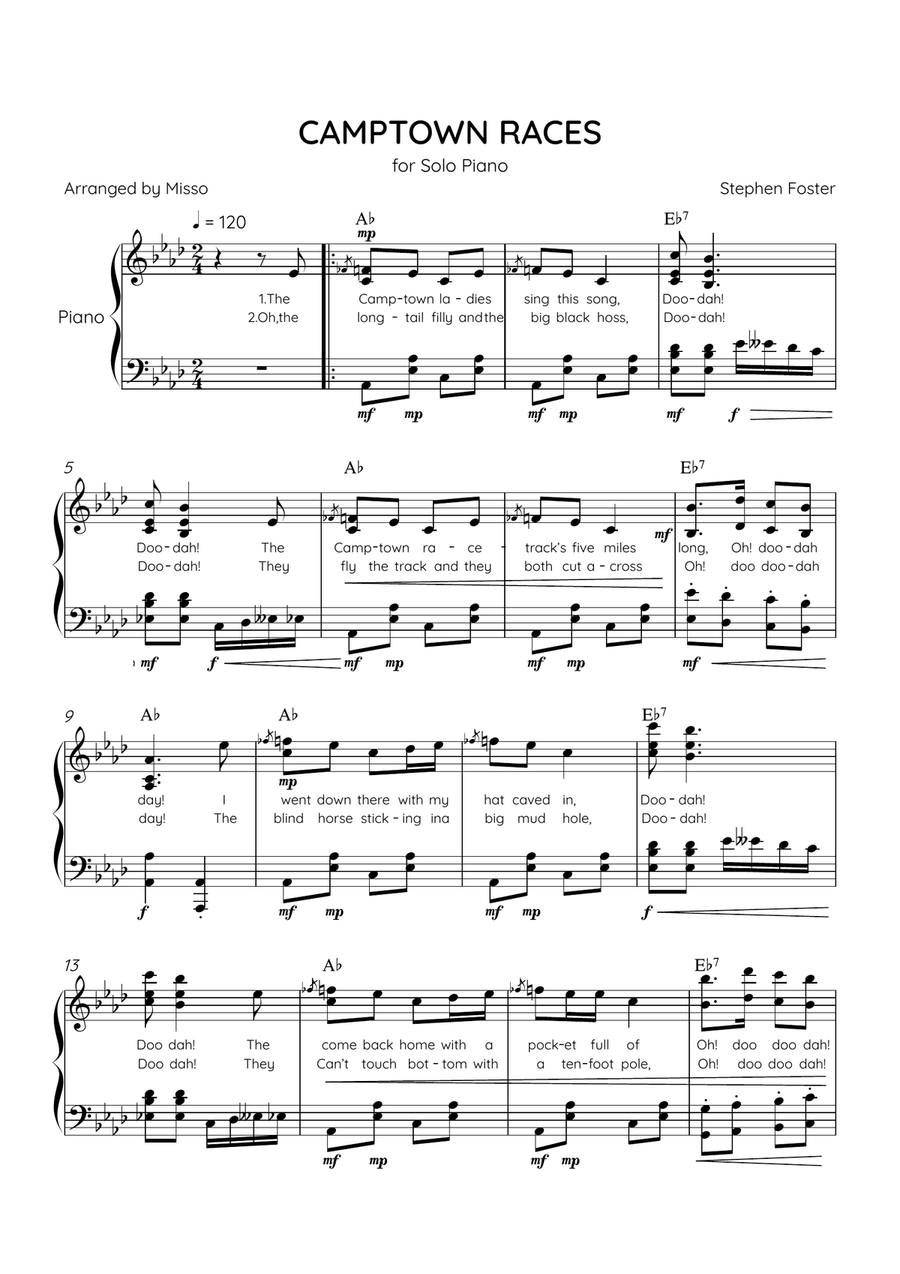 Camptown Races - Piano Solo in Ab Major - Advanced Level - Lyrics & Chords Piano Solo scores gallery preview page 1