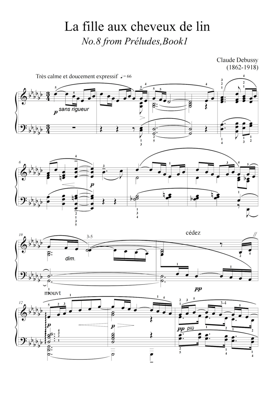 La fille aux cheveux de lin - Claude Debussy Piano Solo scores gallery preview page 1