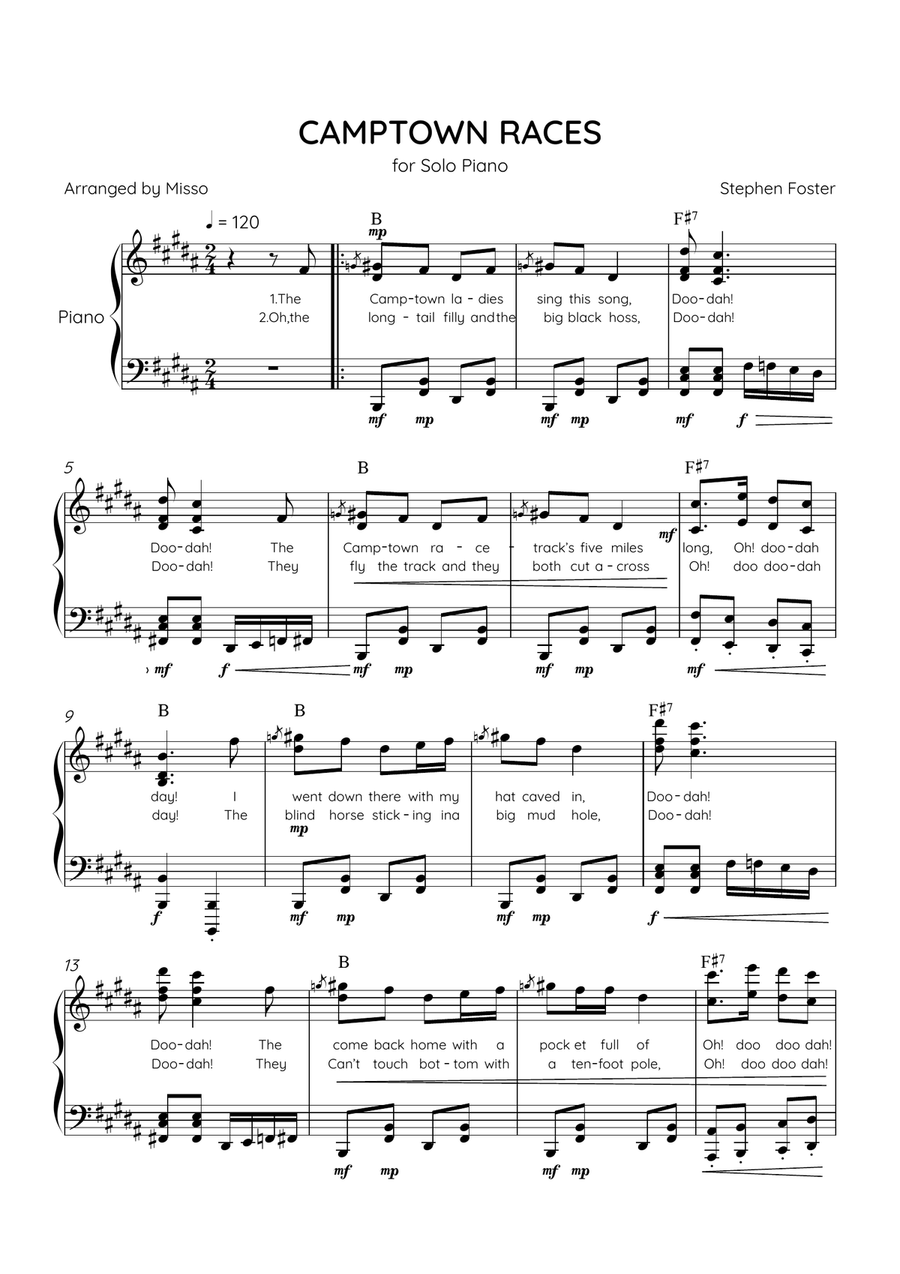 Camptown Races - Piano Solo in B Major - Advanced Level - Lyrics & Chords Piano Solo scores gallery preview page 1