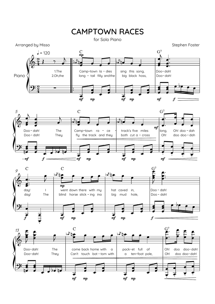 Camptown Races - Piano Solo in C Major - Advanced Level - Lyrics & Chords Piano Solo scores gallery preview page 1