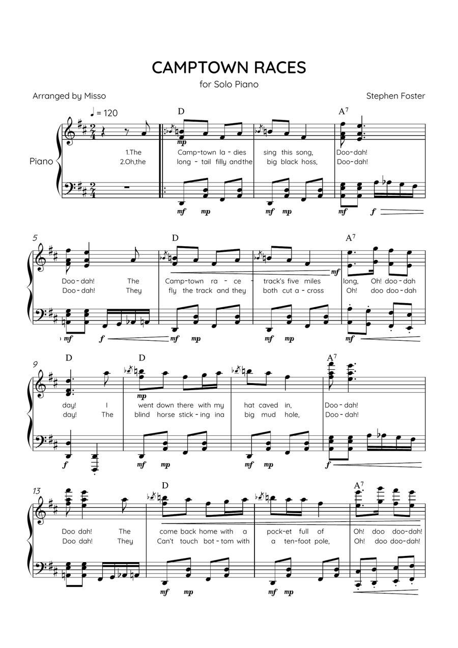 Camptown Races - Piano Solo in D Major - Advanced Level - Lyrics & Chords Piano Solo scores gallery preview page 1