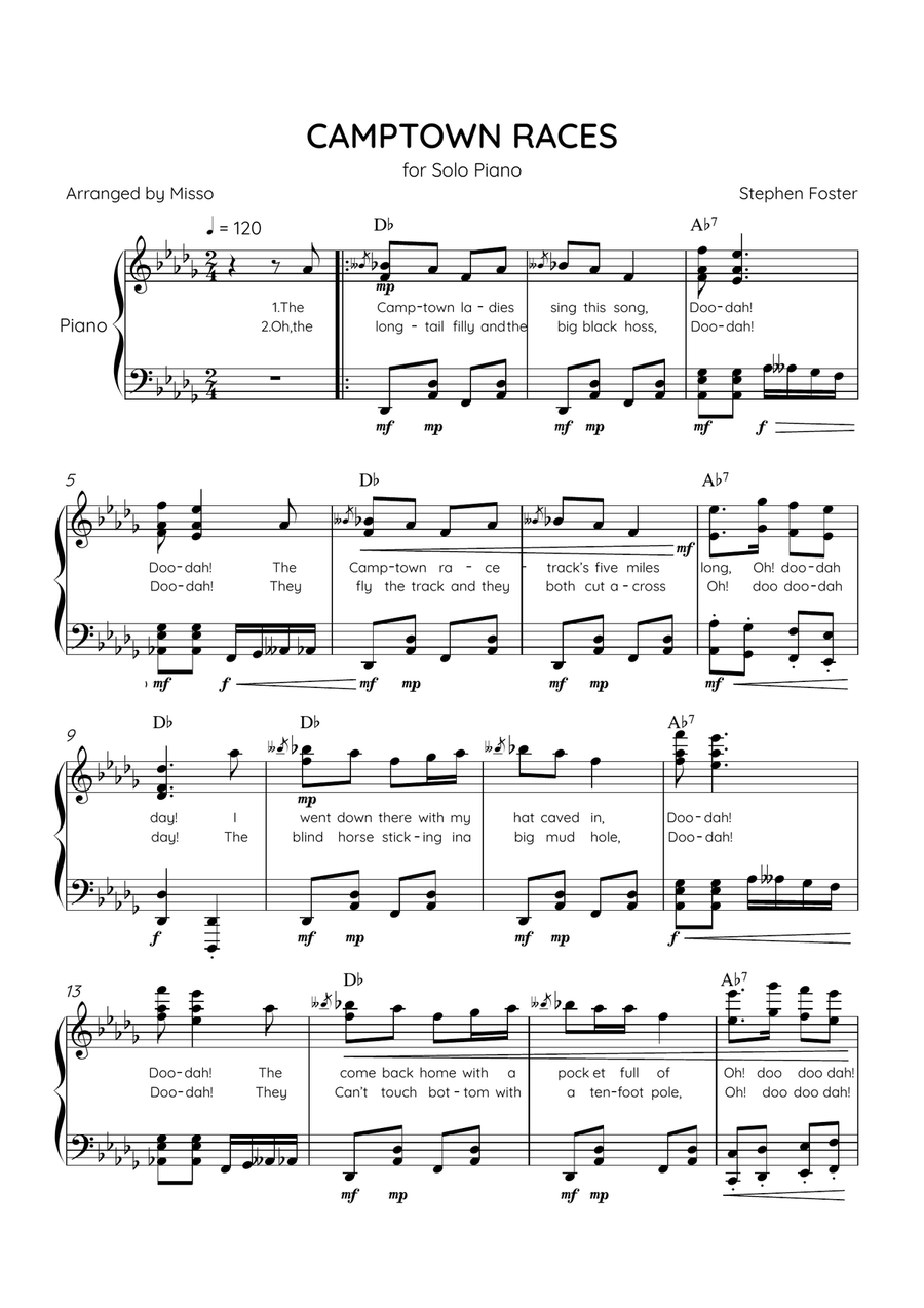 Camptown Races - Piano Solo in Db Major - Advanced Level - Lyrics & Chords Piano Solo scores gallery preview page 1