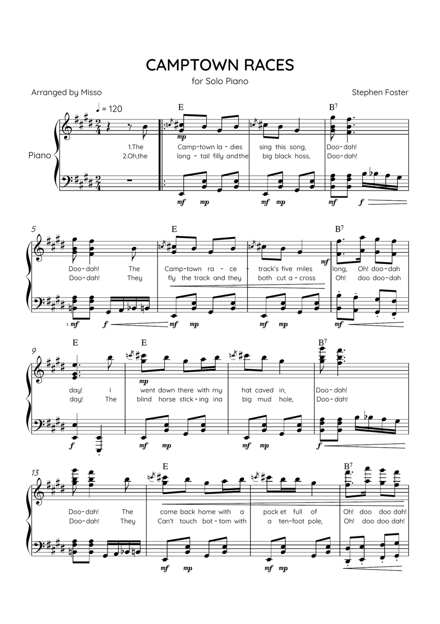 Camptown Races - Piano Solo in E Major - Advanced Level - Lyrics & Chords Piano Solo scores gallery preview page 1