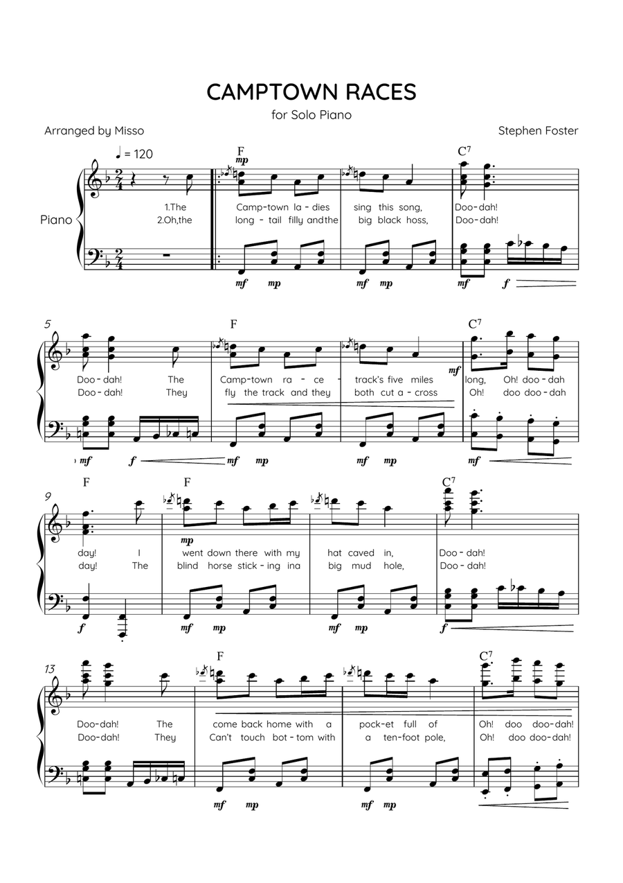 Camptown Races - Piano Solo in F Major - Advanced Level - Lyrics & Chords Piano Solo scores gallery preview page 1
