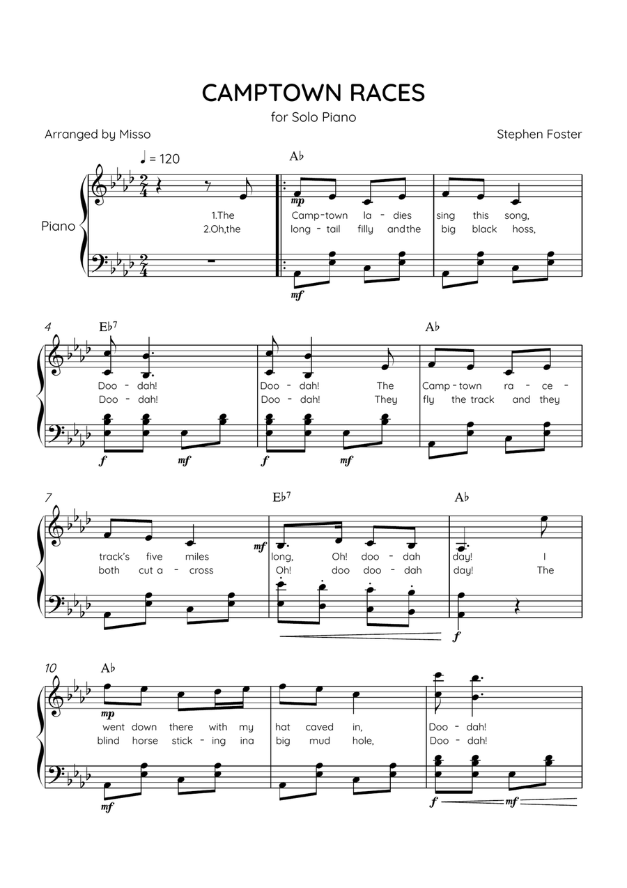 Camptown Races - Piano Solo in Ab Major - Intermediate Level - Lyrics & Chords Piano Solo scores gallery preview page 1