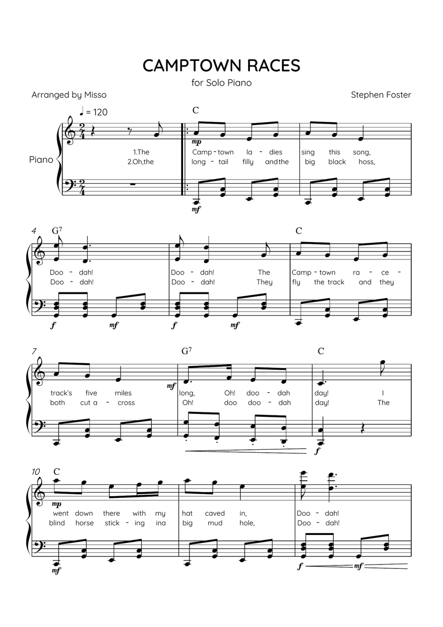 Camptown Races - Piano Solo in C Major - Intermediate Level - Lyrics & Chords Piano Solo scores gallery preview page 1