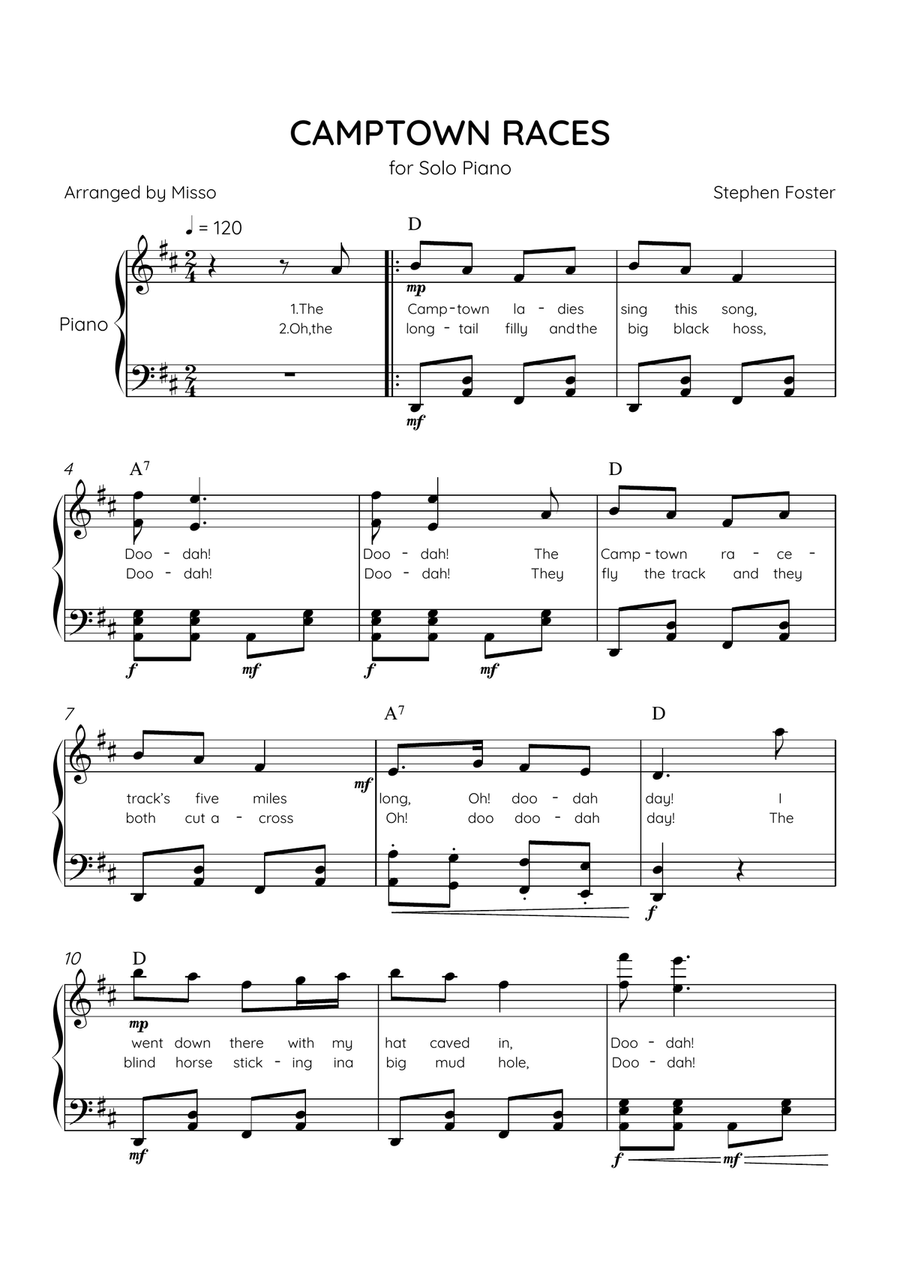 Camptown Races - Piano Solo in D Major - Intermediate Level - Lyrics & Chords Piano Solo scores gallery preview page 1