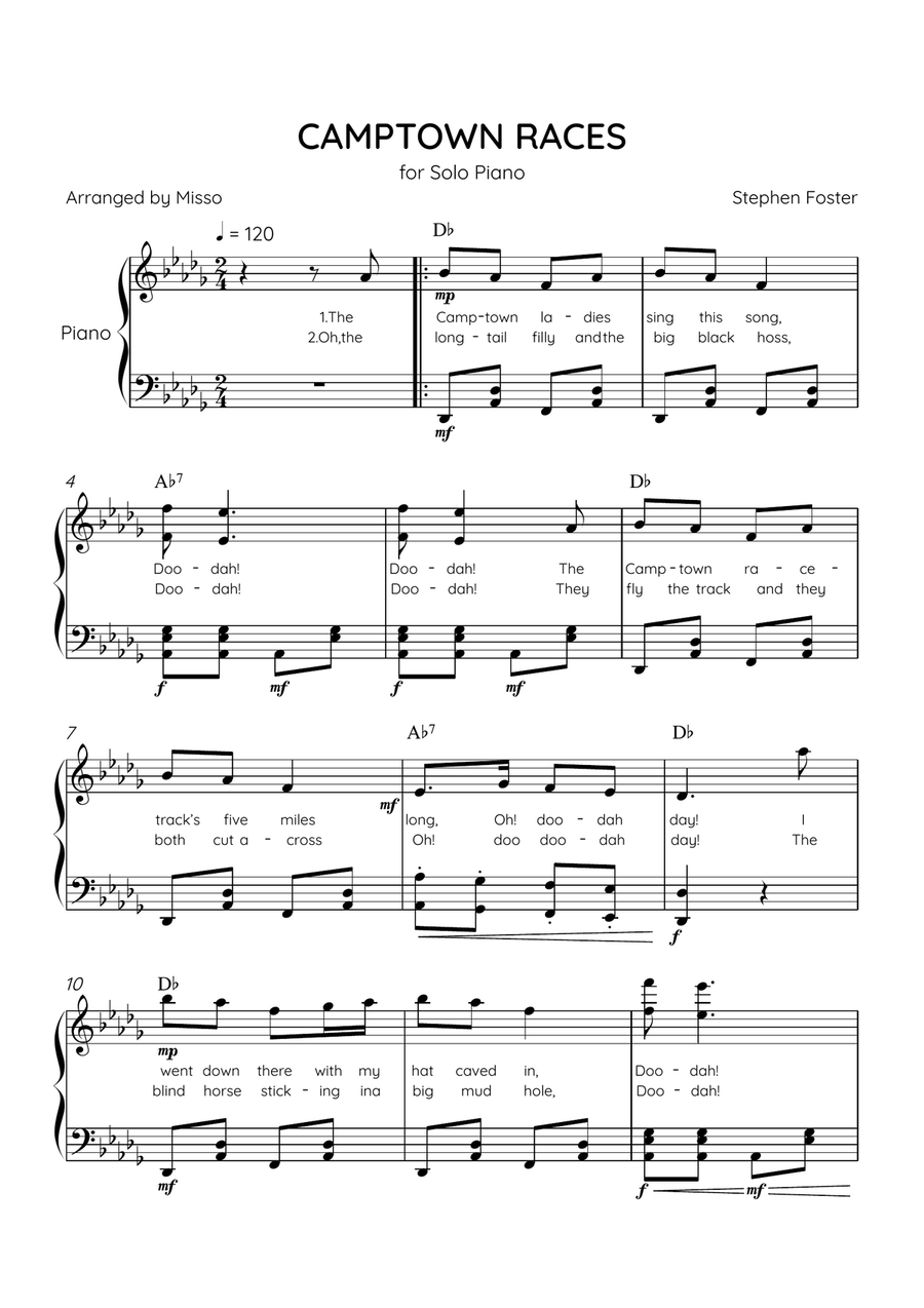 Camptown Races - Piano Solo in Db Major - Intermediate Level - Lyrics & Chords Piano Solo scores gallery preview page 1
