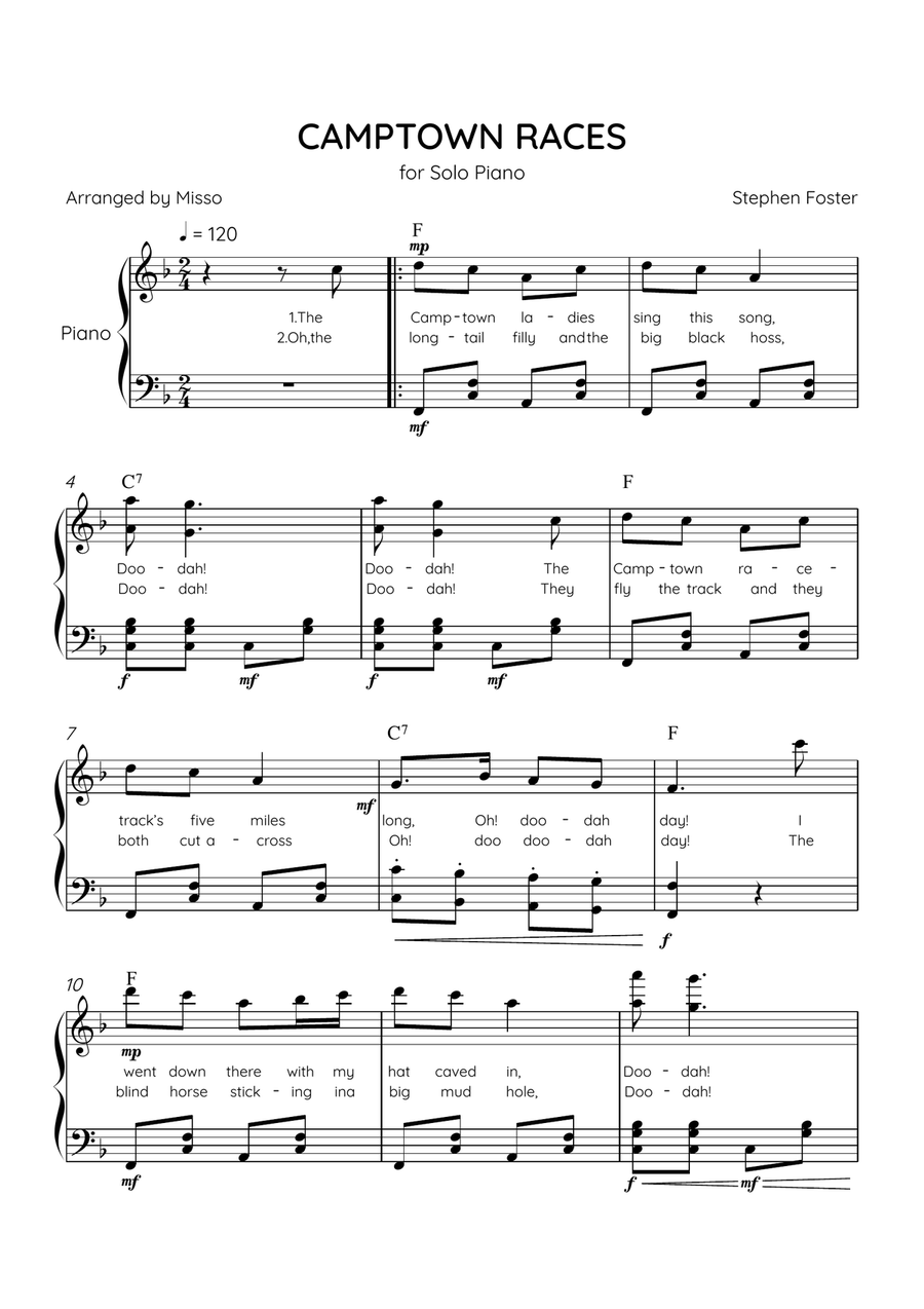 Camptown Races - Piano Solo in F Major - Intermediate Level - Lyrics & Chords Piano Solo scores gallery preview page 1