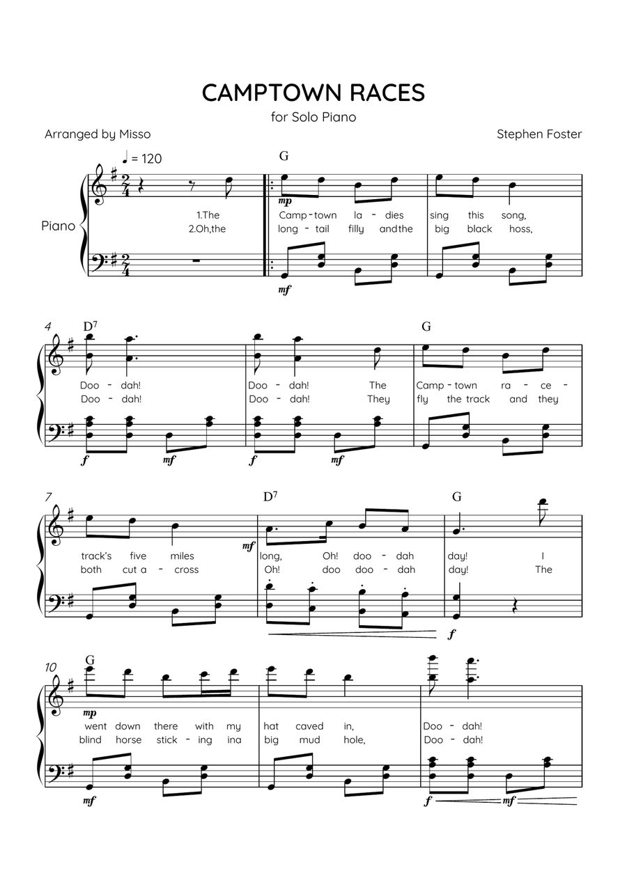 Camptown Races - Piano Solo in G Major - Intermediate Level - Lyrics & Chords Piano Solo scores gallery preview page 1