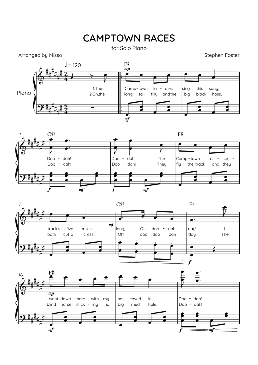 Camptown Races - Piano Solo in F# Major - Intermediate Level - Lyrics & Chords Piano Solo scores gallery preview page 1