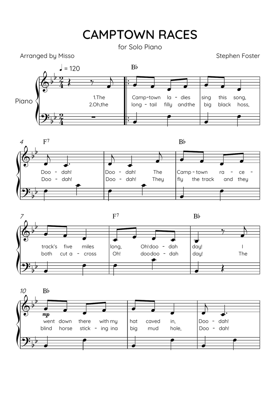 Camptown Races - Piano Solo in Bb Major - Easy Level - Lyrics & Chords Easy Piano scores gallery preview page 1